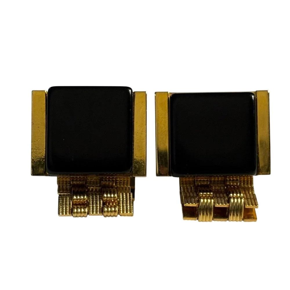 Vintage Cufflinks Black Lucite Wrap‎ Around Gold Tone Watch Band Style Chain
